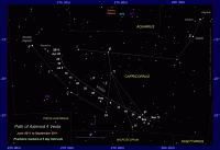 Finder chart for minor planet 4 Vesta during its period of naked-eye visibility in Capricornus between June and September 2011. Click for full-size image, 73 KB (Copyright Martin J Powell 2011)
