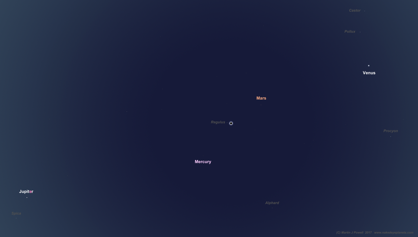A simulation of the sky at the moment of eclipse totality on August 21st 2017, showing the planets and brighter stars which are likely to be seen (Copyright Martin J Powell 2017)