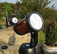 A telescope fitted with a Baader solar filter. Click for larger image, 13 KB (Image: Arthur Dent/'Sky at Night' Magazine)