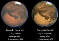 The planet Mars imaged by Paolo R Lazzarotti (left) and Ferruccio Zanotti (right) in August 2003. Click for full-size image, 15 KB (Images: Paolo R Lazzarotti/Ferruccio Zanotti /ALPO-Japan)