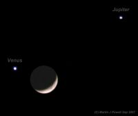 Jupiter, Venus and the waxing crescent Moon formed an impressive grouping in the evening sky from Cairo, Egypt on December 1st, 2008. This is the author's simulation of how the event appeared. Click for full-size image, 15 KB (Copyright Martin J Powell, Sep 2007)