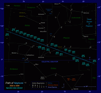 Where is Neptune tonight? This star map shows the path of Neptune through the constellations of Pisces, Cetus and Aries from 2024 to 2049 (click for full-size image)
