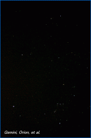 Photograph showing the constellations of Gemini, Orion, Canis Major, Canis Minor and Monoceros, which includes the'Winter Triangle' stars of Sirius, Procyon and Betelgeuse. Click for a full-size photo (Copyright Martin J Powell, 2011)