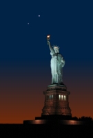 Simulation of a conjunction between Venus and Jupiter on March 15th 2012, seen over Liberty Island, New York City (based on a photograph by 'Lars0001' at Panoramio.com). Click for full-size version, 162 KB