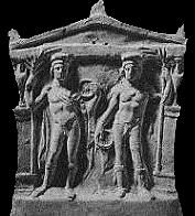 Castor and Pollux depicted on a votive plaque from the ancient city of Tarentum in Italy. Click on the thumbnail for a larger image, 11 KB (Image: HistoryForKids.org)