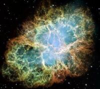 The Crab Nebula (M1) in Taurus, imaged by the Hubble Space Telescope. Click for larger version, 20 KB (Image: NASA/ESA/ASU)