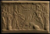 Gilgamesh and Enkidu kill the Bull of Heaven while Ishtar tries to prevent them. Click on the thumbnail for a larger version, 12 KB (� The Trustees of the British Museum)