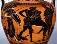 Heracles fighting the Nemean Lion as depicted on an amphora from ancient Greece. Click for a larger version, 15 KB (Image: Swarthmore College)